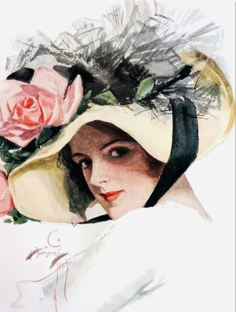 Harrison Fisher, 1913 painting of lady with a pink rose in her hat